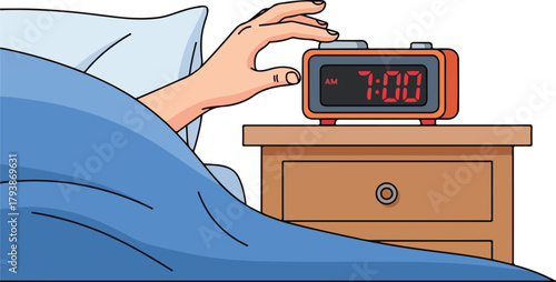 Hand reaching for alarm clock on nightstand in bedroom early morning