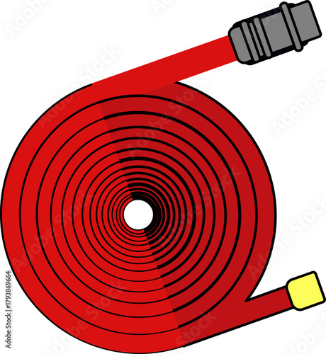 Vector illustration of coiled fire hose. Coiled fire hose with nozzle. Fire hose reel icon for fire safety equipment. Flat design illustration of a coiled red fire hose with nozzle. 