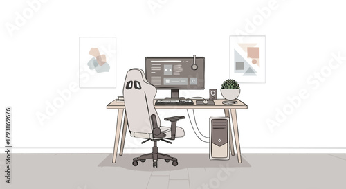 Minimalist gamer setup with ergonomic chair computer and abstract wall art creating a serene digital workspace environment
