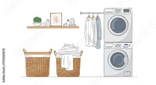 Serene laundry room illustration featuring a minimalist aesthetic and calming neutral tones offering a sense of organization