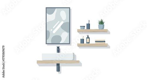Minimalist Bathroom Interior Design Featuring a Vanity and Floating Shelves that Radiates Cleanliness and Simplicity
