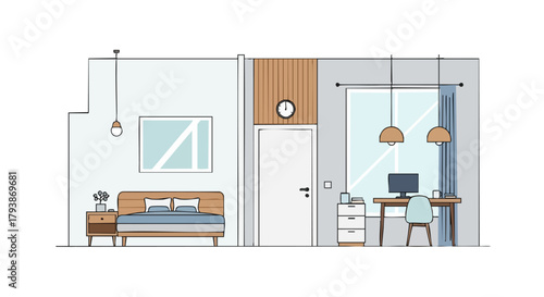 Modern Bedroom and Workspace Concept Illustration for Interior Design Inspiration and Home Organization Strategies