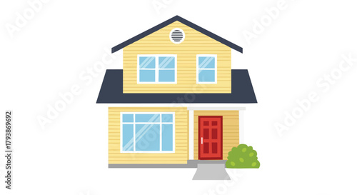 Charming Two-Story House with Red Door: A Delightful Icon for Homeownership and Suburban Living Representation