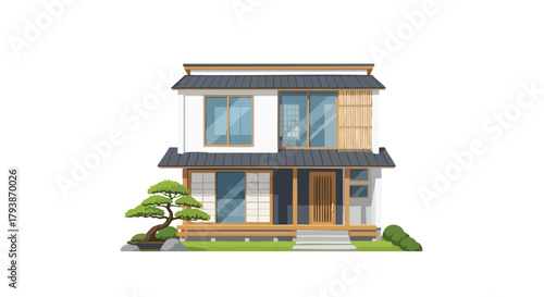 Serene japanese home illustration with clean lines minimalist design and elegant aesthetic traditional architecture capturing cultural style