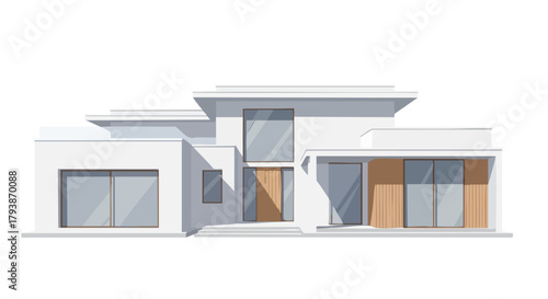 Elegant modern architecture showcase, pristine white villa with geometric forms and refined wooden accents, design concept