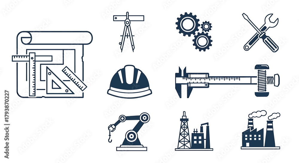 Fototapeta premium Engineering and Construction Icons Collection Blueprint, Tools, and Industrial Symbols