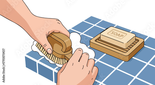 Hands using brush on soap with fresh ingredients on countertop