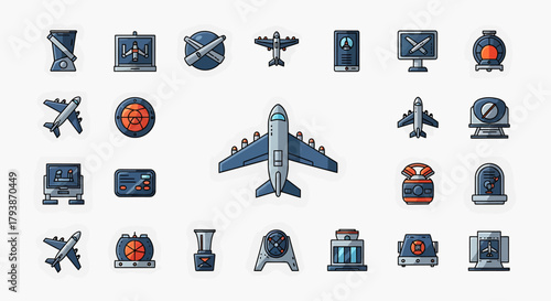 A comprehensive vector set of colorful line icons representing aviation, air travel, and airport infrastructure elements for graphic design