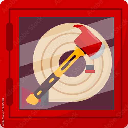 Fire hose and hammer cabinet vector illustration.  Red emergency box with in case of emergency breakable glass. Box. 