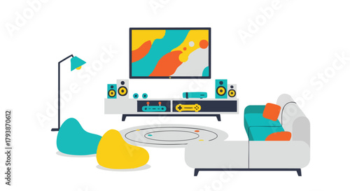 Modern Living Room with Media Center and Colorful Accents in a Flat Vector Style Design