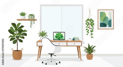 Modern workspace with abundant natural light from window, surrounded by flourishing plants for a serene and productive atmosphere