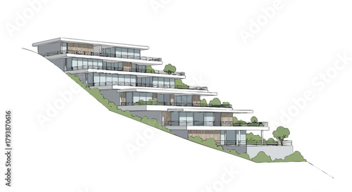 Architectural concept drawing of a hillside residence with cascading balconies and lush landscaping showcasing modern design and integration with
