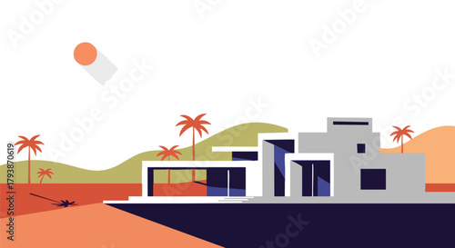 Modern beachfront property with minimalist design and tropical landscape illustration featuring vibrant colors and geometric shapes