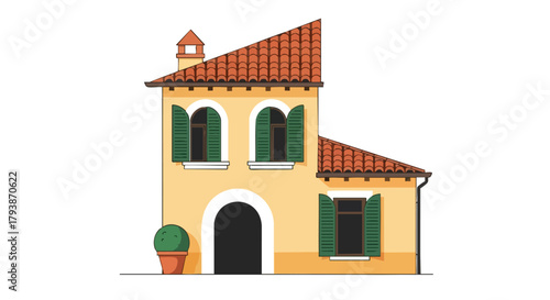 Charming Tuscan-Style Home with Open Shutters and Traditional Details in Flat Vector Illustration style