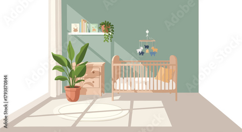 Serene nursery interior scene illustration showcasing crib, greenery, and natural light creating a calming atmosphere for a baby room concept
