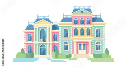 Colorful Victorian Mansion Illustration with Detailed Architecture and Pastel Hues creating a whimsical and elegant vintage style design