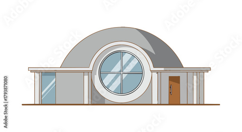 Stylized architectural building with a circular window and minimalist design aesthetic showcasing modern structural elements