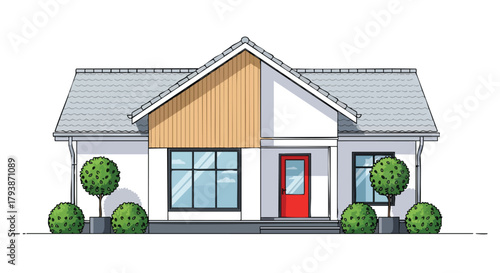 Modern House Facade with Wooden Accent and Manicured Bushes Illustrating Suburban Charm and Architectural Detail