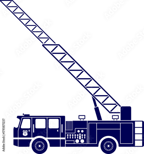 Vector crane with a truck. Fire truck with crane silhouette. Fire Truck Extending Ladder for Rescue. 