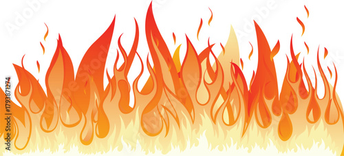 vector illustration of a fire flame. Fire flame seamless pattern, line, border. Banner of translucent fire flames and sparks with horizontal repetition on transparent background. 