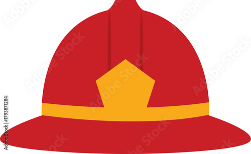 Vector of red fire helmet. Firefighter helmet illustration, safety gear, protective head equipment, emergency service, fire department. 