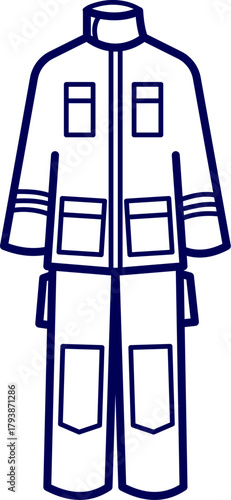 Line art vector of Firefighter dress. Firefighter dress outline. Firefighters Uniform. Pants and Jacket for Firefighter. Icon of Technical Apparel for Industrial Workers. 