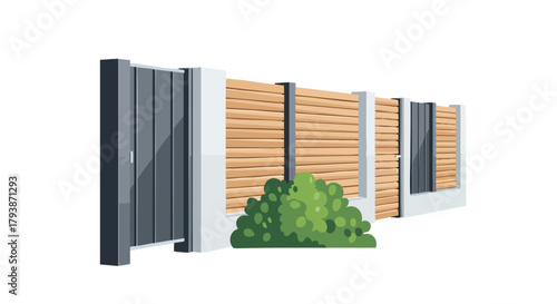 A Modern Residential Fence and Gate Illustrating Property Privacy and Security with Greenery Accent 73 Characters