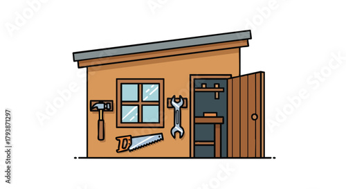 Charming illustration of a wooden workshop shed with tools creating a cozy and productive atmosphere showcasing craftsmanship and diy projects