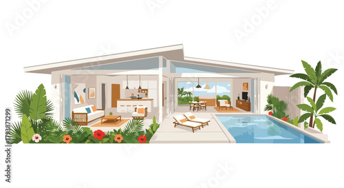 Modern Tropical Villa Illustration Showcasing Indoor-Outdoor Living with Pool and Lush Vegetation