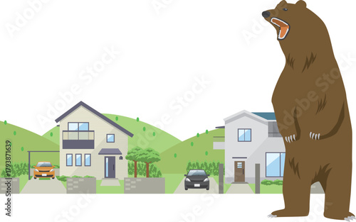 住宅街に現れた熊のイメージイラスト