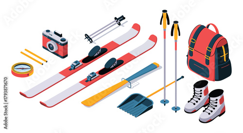 Essential winter sports equipment illustrated in isometric style, including skis, boots, and accessories, ideal for snow sports graphics, winter lifestyle design, and outdoor activity vector artwork
