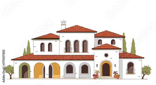 Elegant Mediterranean-Style Villa Illustration with Red Tile Roof and Arched Details that shows a luxury home in detailed hand-drawn style with trees
