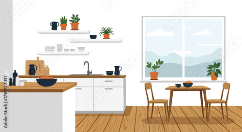 Bright and airy kitchen interior design with dining area and scenic view creating a peaceful ambiance