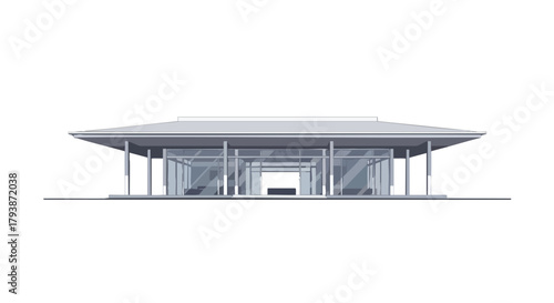 Architectural Visualization of a Modern Glass Pavilion with Clean Lines and Minimalist Design showing symmetrical structure