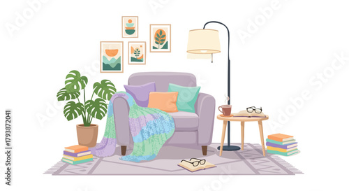 Inviting reading nook showcasing a cozy armchair, decorative plant, and book accents that offers a calm and personal refuge perfect for relaxation