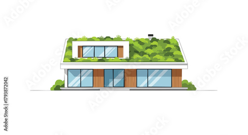 Conceptual architectural rendering showcasing a modern house featuring an eco-friendly green roof and expansive windows