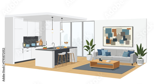 Contemporary Interior Design Showcasing Kitchen and Living Room in a Modern Home Ambience