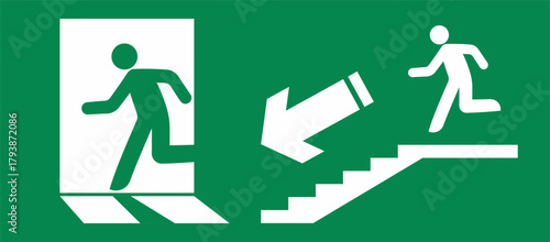 Safety Sign for an Emergency Exit. emergency exit sign on a door. Emergency Exit Sign Downstairs. Green and white emergency exit sign with a downward arrow, a running person pictogram. 