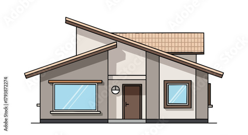 Stylized contemporary single-family dwelling illustration showcasing architectural elements in a modern design emphasizing clean lines and geometric