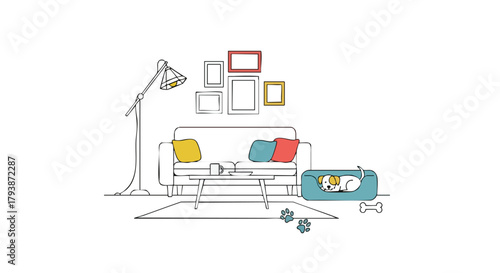 Stylized interior illustration of a cozy living room scene with a resting puppy, a lamp and frames on the wall, creating a serene atmosphere