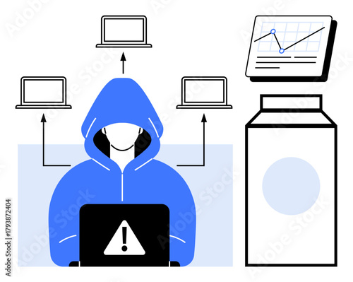 Hacker in hoodie with alert on laptop, connected laptops, data chart, and juice carton representation. Ideal for cybersecurity, hacking, encrypted data, cybercrime, data protection IT threats