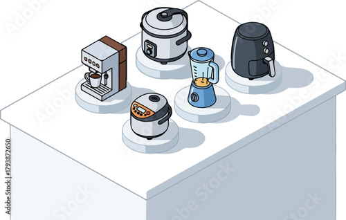 Isometric illustration of various kitchen appliances on a white counter including a coffee maker rice cooker blender and air fryer showcasing modern home electronics.