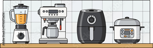 Kitchen Appliances Set Blender Coffee Machine Air Fryer and Pressure Cooker on a Shelf.