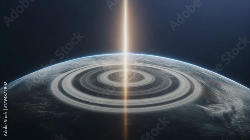 A futuristic planet with concentric rings and a powerful golden light beam shooting into space.