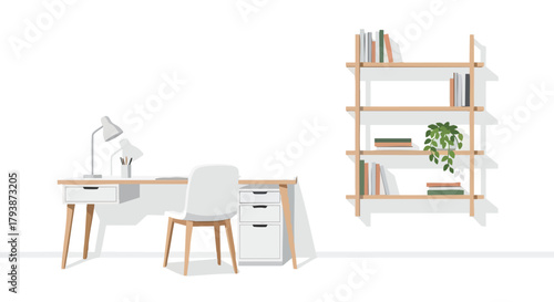 Clean and minimalist workspace featuring a desk with lamps and a bookshelf against a white background showcasing organized simplicity