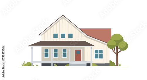 A Charming Suburban Abode: An Illustration of a Detached House with a Porch and Lush Garden, Perfect for Real Estate Marketing and Home Design