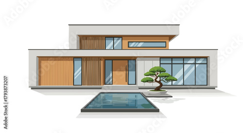 Modern Minimalist Home with Tranquil Pool and Bonsai Tree Emphasizing Serenity and Simple Lines