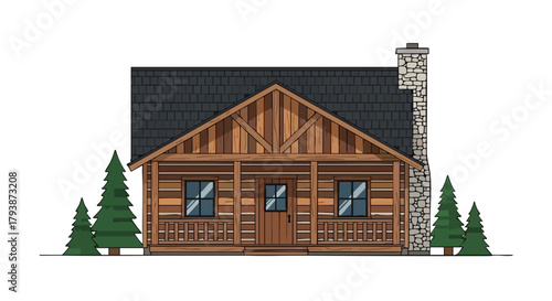 Idyllic Log Cabin Illustration with Stone Chimney and Evergreen Trees on a White Background