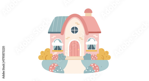 Charming whimsical house illustration with pastel colors, perfect for children's book or storybook concept featuring cozy design and lovely style