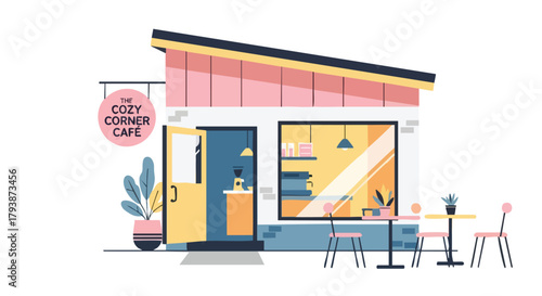 Charming illustration of a cozy corner cafe exterior with inviting outdoor seating area